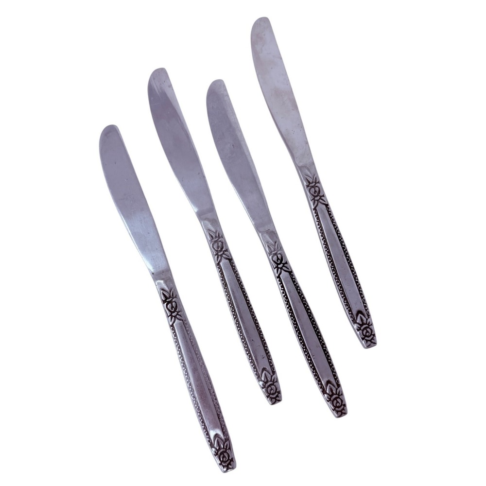 4 Dinner Knives 8 1/2" Knife Rose Border National Stainless Flatware‎ Korea